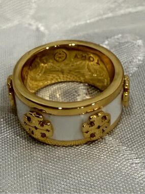 Tory Burch Gold and White Logo Inlaid Wide Band Ring New size 7